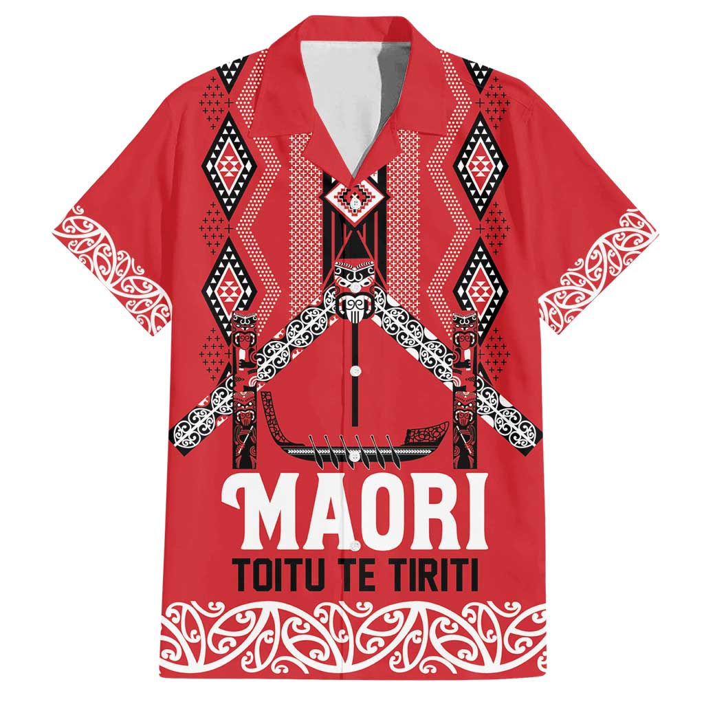 Toitu Te Tiriti Waitangi Family Matching Off Shoulder Short Dress and Hawaiian Shirt Red Wharenui House - Polynesian Pride