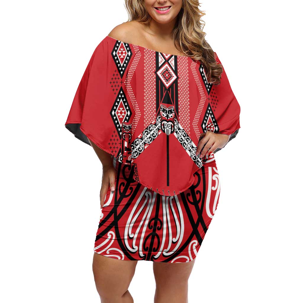 Toitu Te Tiriti Waitangi Family Matching Off Shoulder Short Dress and Hawaiian Shirt Red Wharenui House - Polynesian Pride