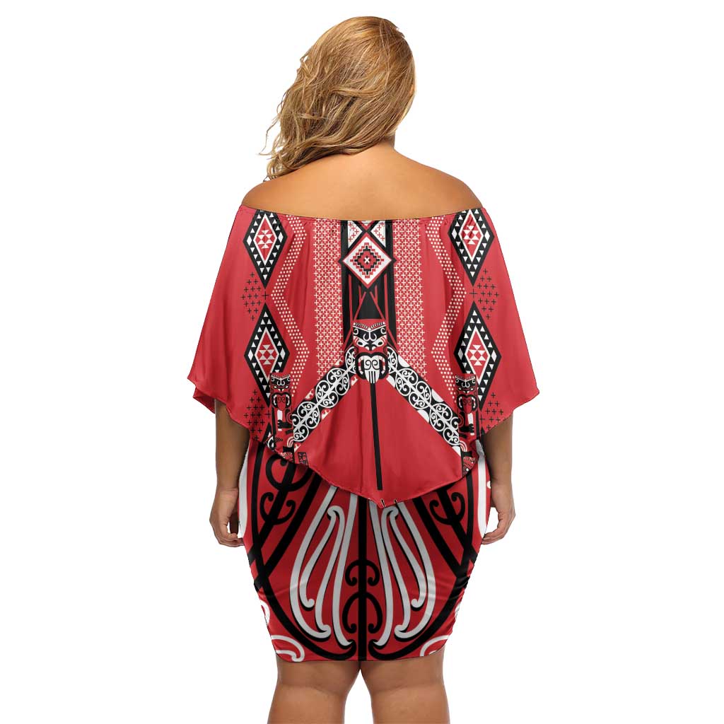 Toitu Te Tiriti Waitangi Family Matching Off Shoulder Short Dress and Hawaiian Shirt Red Wharenui House - Polynesian Pride