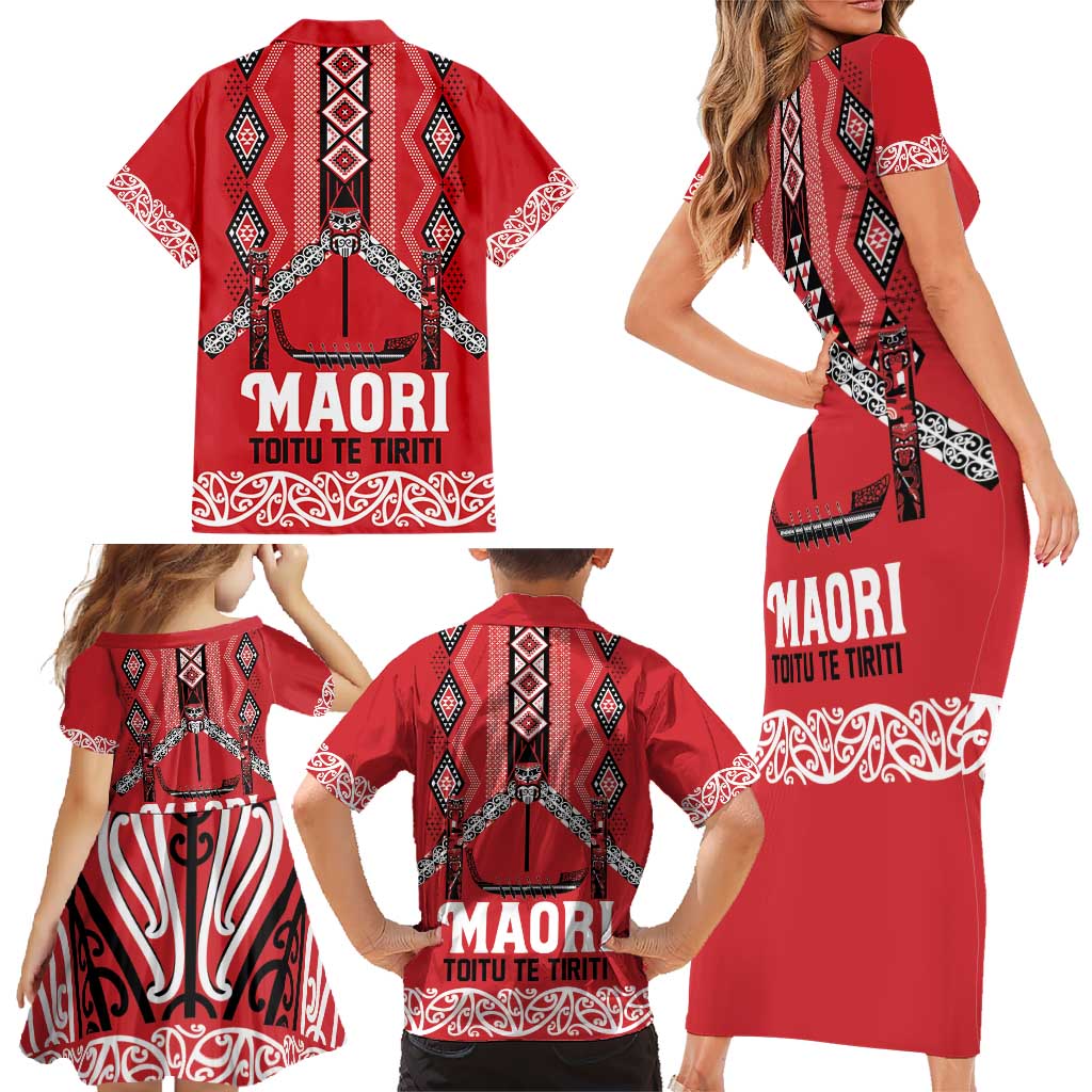 Toitu Te Tiriti Waitangi Family Matching Short Sleeve Bodycon Dress and Hawaiian Shirt Red Wharenui House - Polynesian Pride