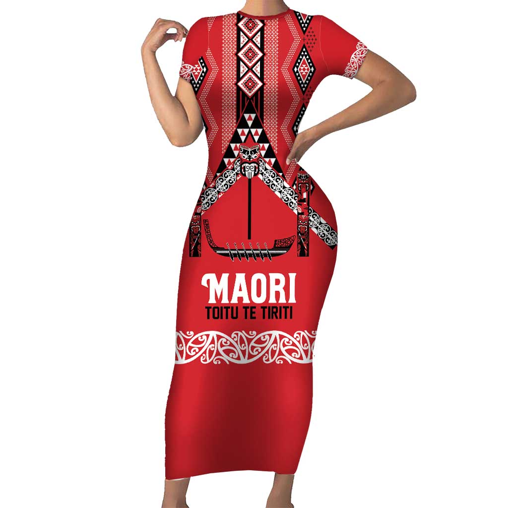 Toitu Te Tiriti Waitangi Family Matching Short Sleeve Bodycon Dress and Hawaiian Shirt Red Wharenui House - Polynesian Pride