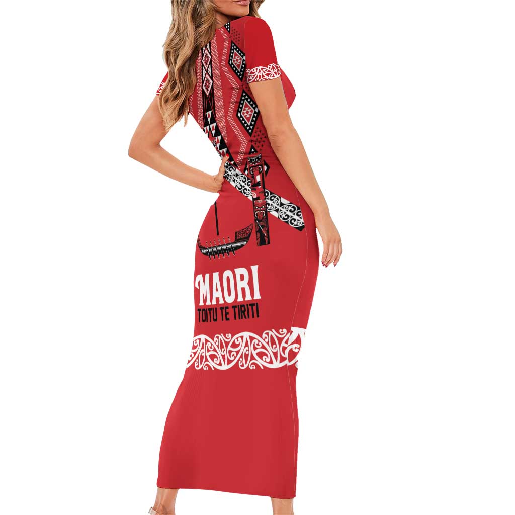 Toitu Te Tiriti Waitangi Family Matching Short Sleeve Bodycon Dress and Hawaiian Shirt Red Wharenui House - Polynesian Pride