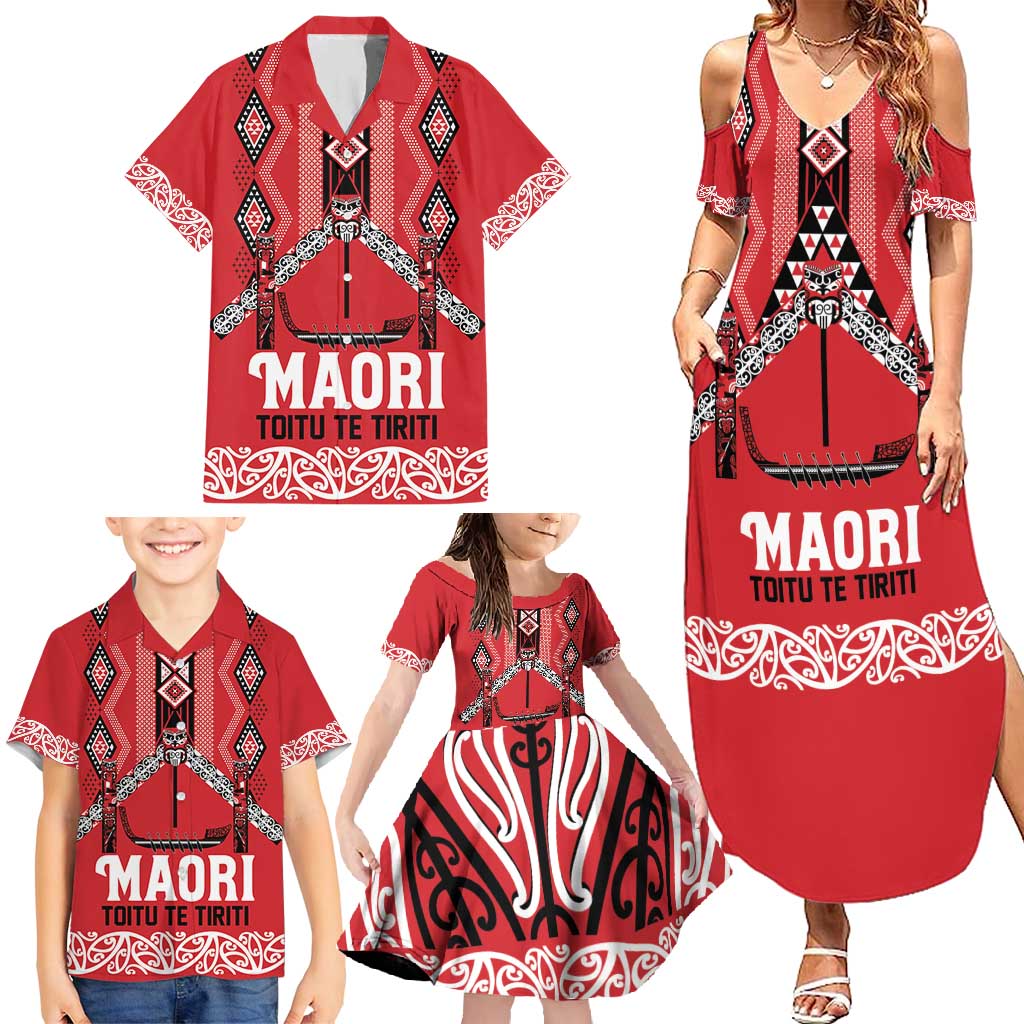 Toitu Te Tiriti Waitangi Family Matching Summer Maxi Dress and Hawaiian Shirt Red Wharenui House - Polynesian Pride