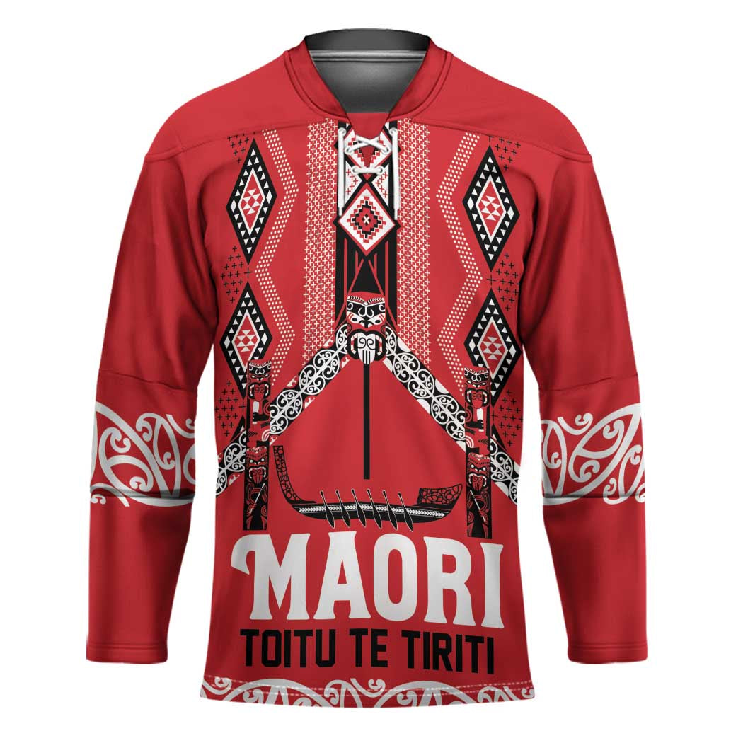 Toitu Te Tiriti Waitangi Hockey Jersey Red Wharenui House - Polynesian Pride