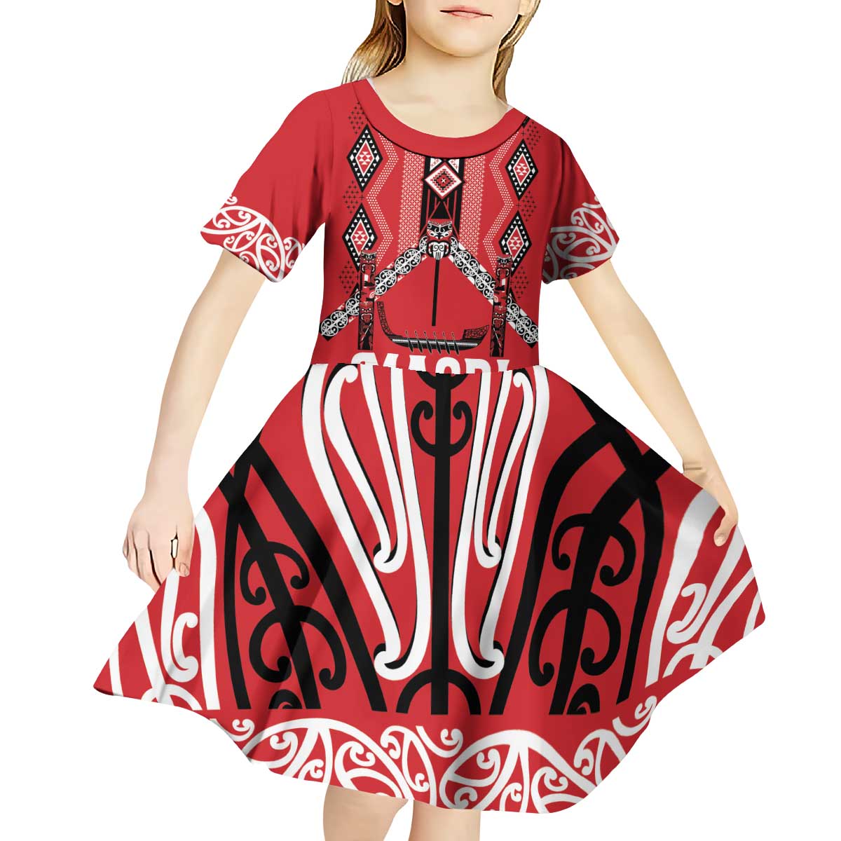 Toitu Te Tiriti Waitangi Kid Short Sleeve Dress Red Wharenui House LT9 - Polynesian Pride