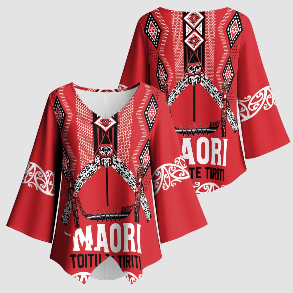 Toitu Te Tiriti Waitangi Kimono Sleeve Blouse Red Wharenui House LT9 - Polynesian Pride