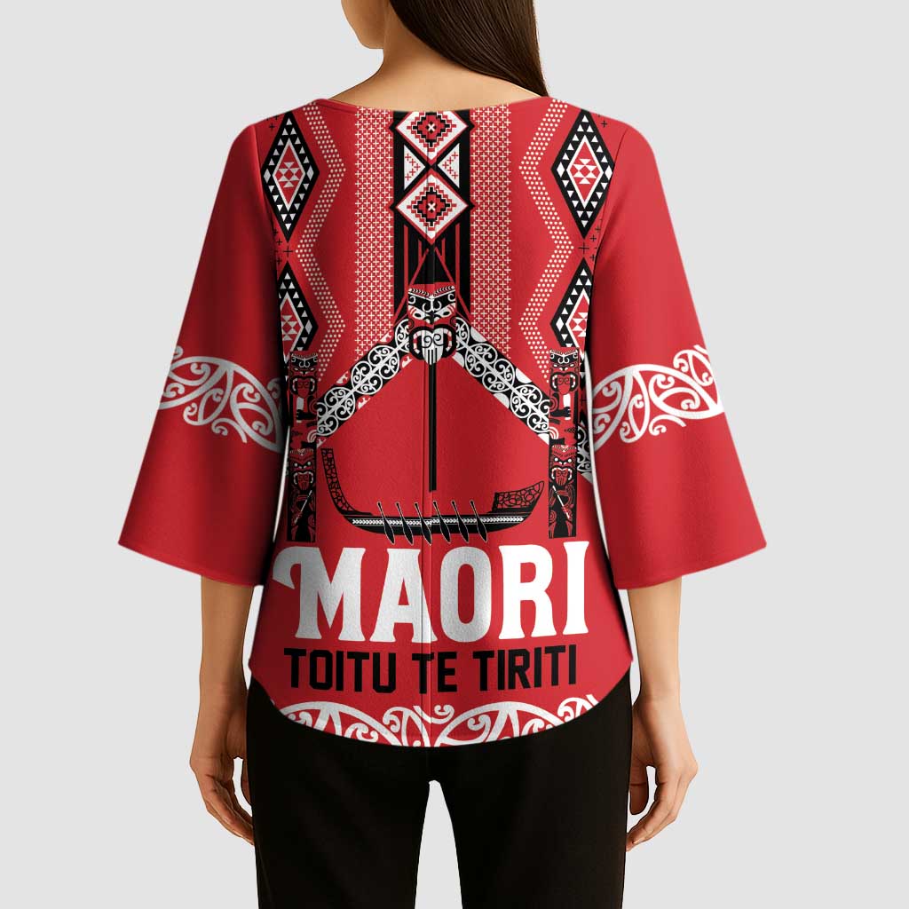 Toitu Te Tiriti Waitangi Kimono Sleeve Blouse Red Wharenui House LT9 - Polynesian Pride