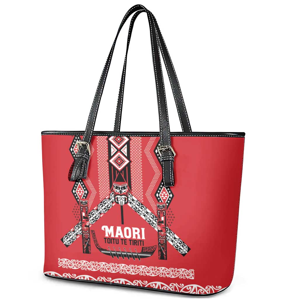 Toitu Te Tiriti Waitangi Leather Tote Bag Red Wharenui House - Polynesian Pride