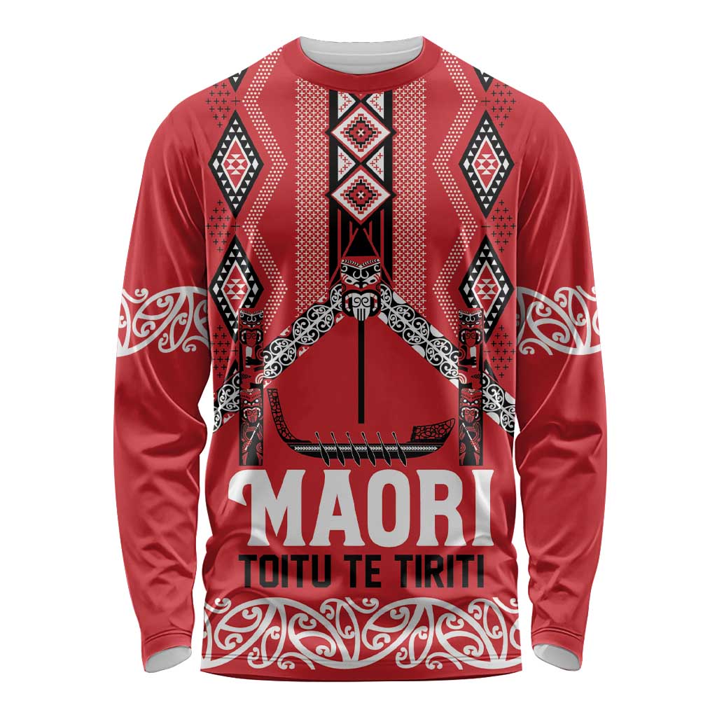 Toitu Te Tiriti Waitangi Long Sleeve Shirt Red Wharenui House LT9 Unisex Red - Polynesian Pride