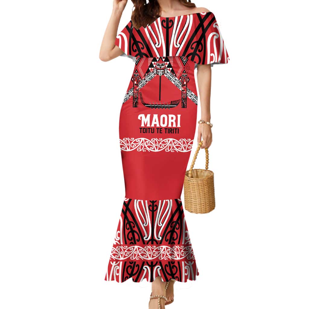 Toitu Te Tiriti Waitangi Mermaid Dress Red Wharenui House LT9 Women Red - Polynesian Pride