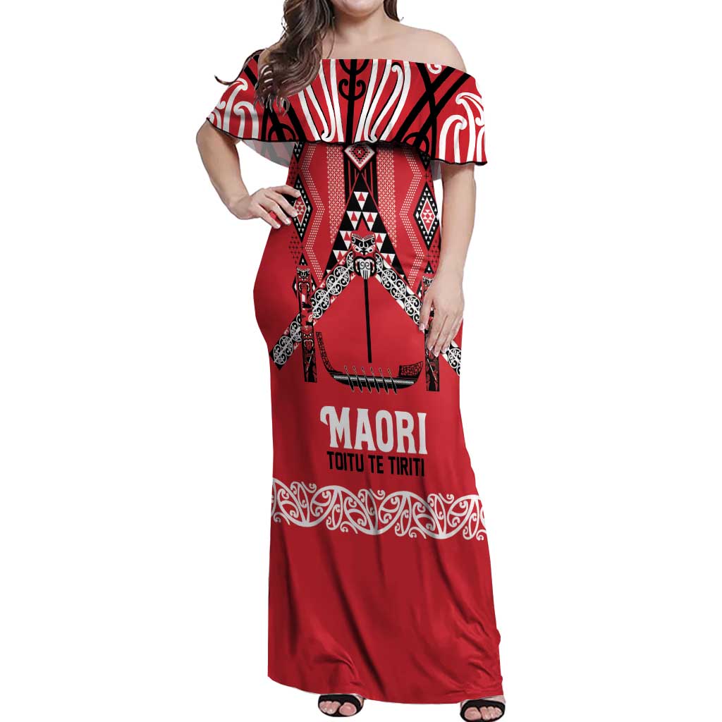 Toitu Te Tiriti Waitangi Off Shoulder Maxi Dress Red Wharenui House LT9 Women Red - Polynesian Pride