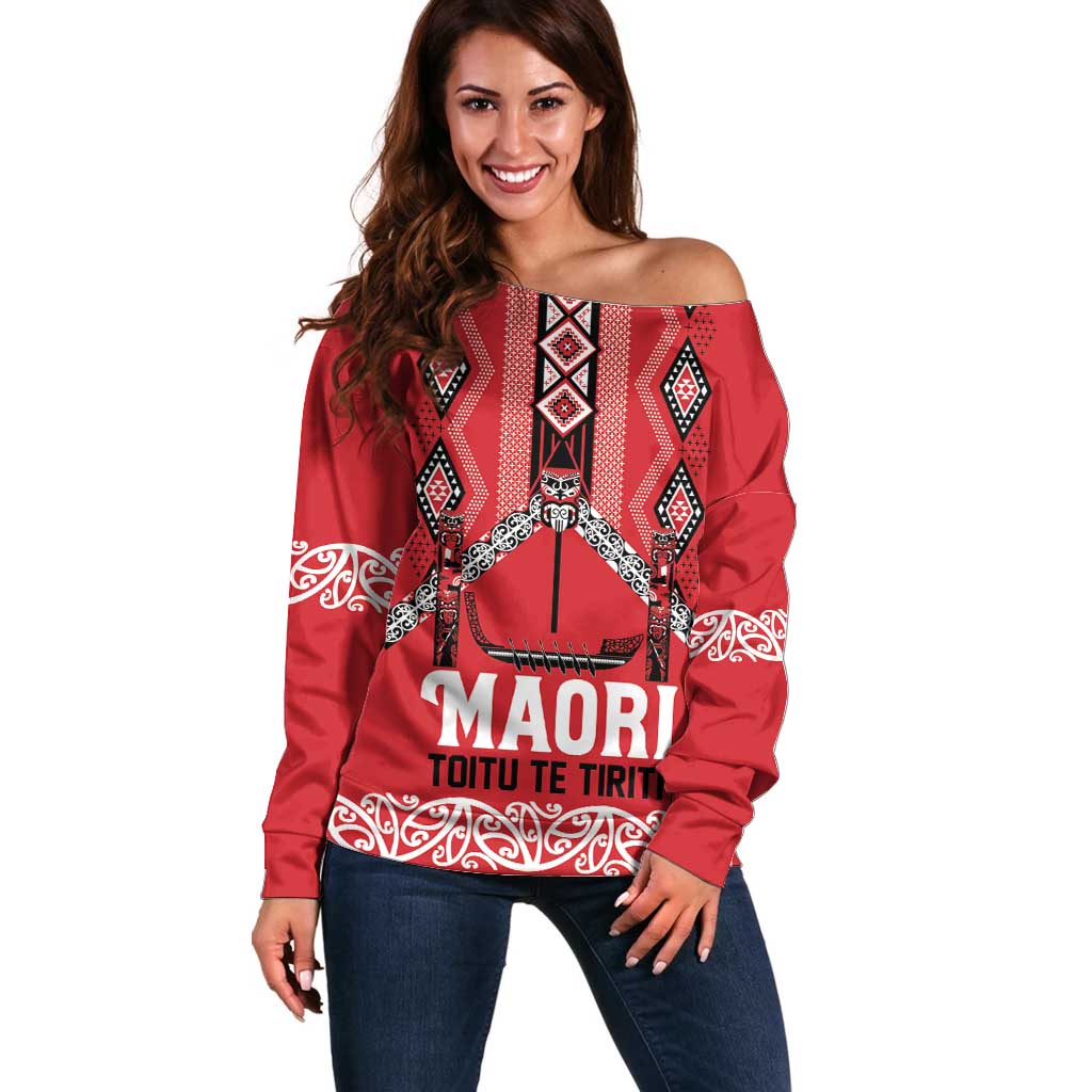Toitu Te Tiriti Waitangi Off Shoulder Sweater Red Wharenui House LT9 Women Red - Polynesian Pride
