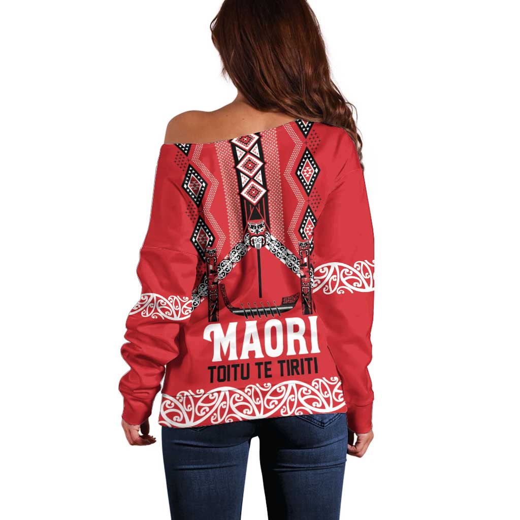 Toitu Te Tiriti Waitangi Off Shoulder Sweater Red Wharenui House LT9 - Polynesian Pride