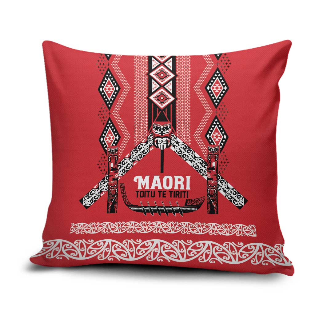 Toitu Te Tiriti Waitangi Pillow Cover Red Wharenui House LT9 Red - Polynesian Pride