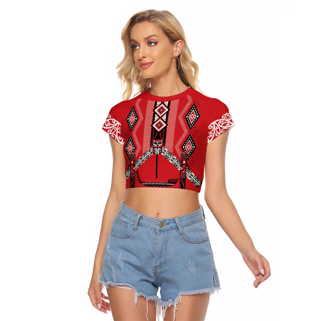 Toitu Te Tiriti Waitangi Raglan Cropped T Shirt Red Wharenui House LT9 Female Red - Polynesian Pride