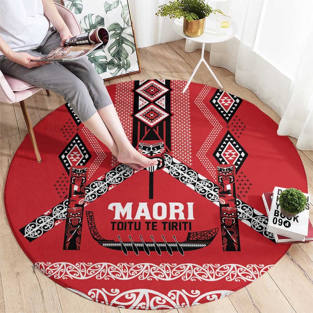 Toitu Te Tiriti Waitangi Round Carpet Red Wharenui House LT9 - Polynesian Pride