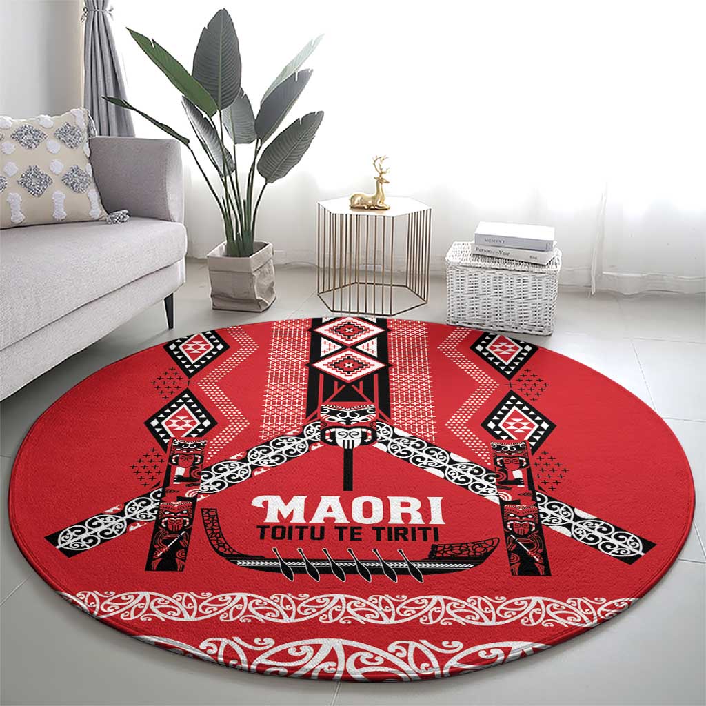 Toitu Te Tiriti Waitangi Round Carpet Red Wharenui House LT9 - Polynesian Pride