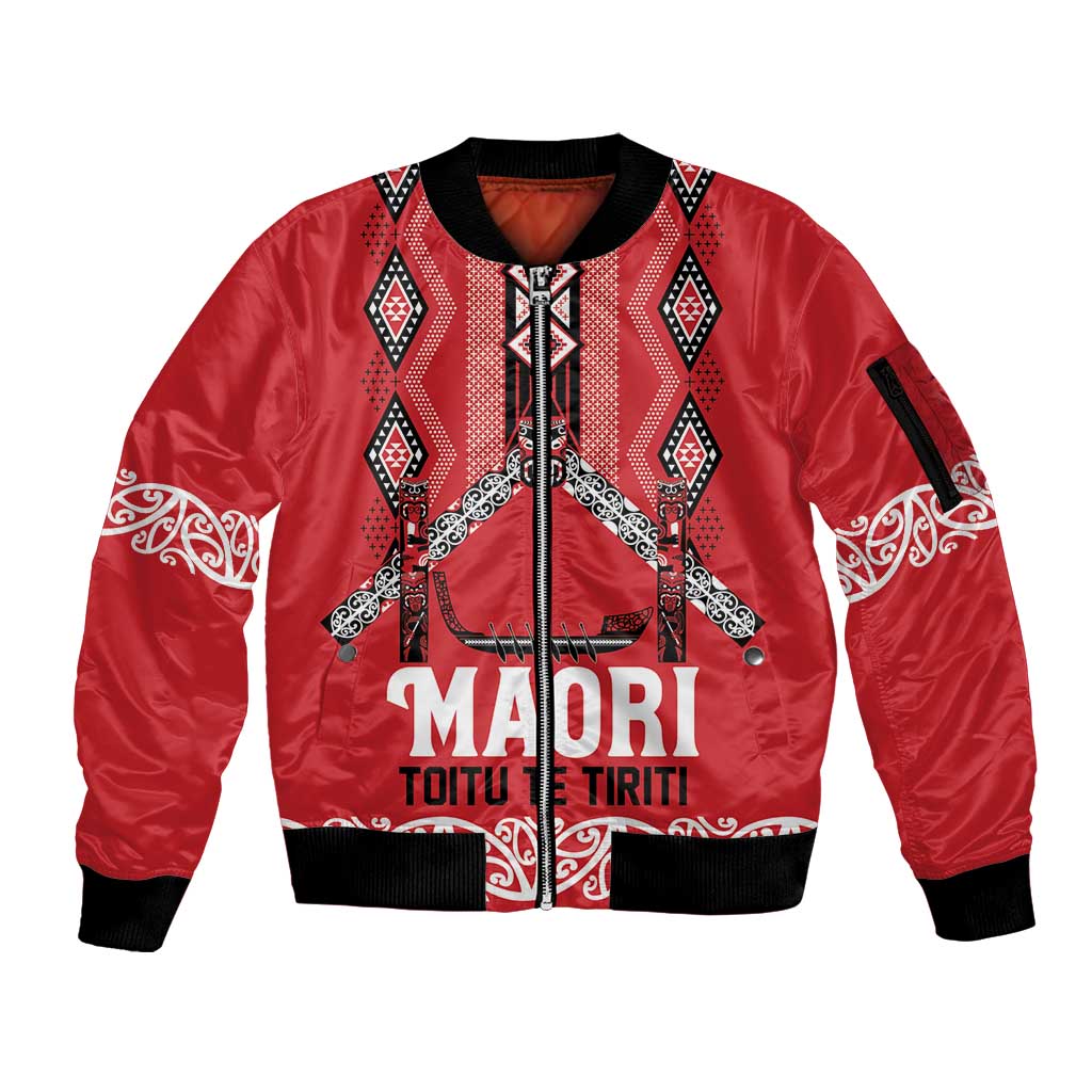 Toitu Te Tiriti Waitangi Sleeve Zip Bomber Jacket Red Wharenui House - Polynesian Pride