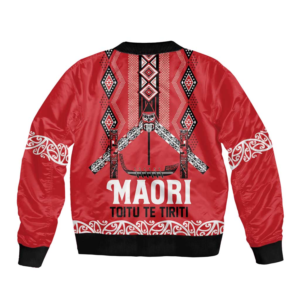 Toitu Te Tiriti Waitangi Sleeve Zip Bomber Jacket Red Wharenui House - Polynesian Pride
