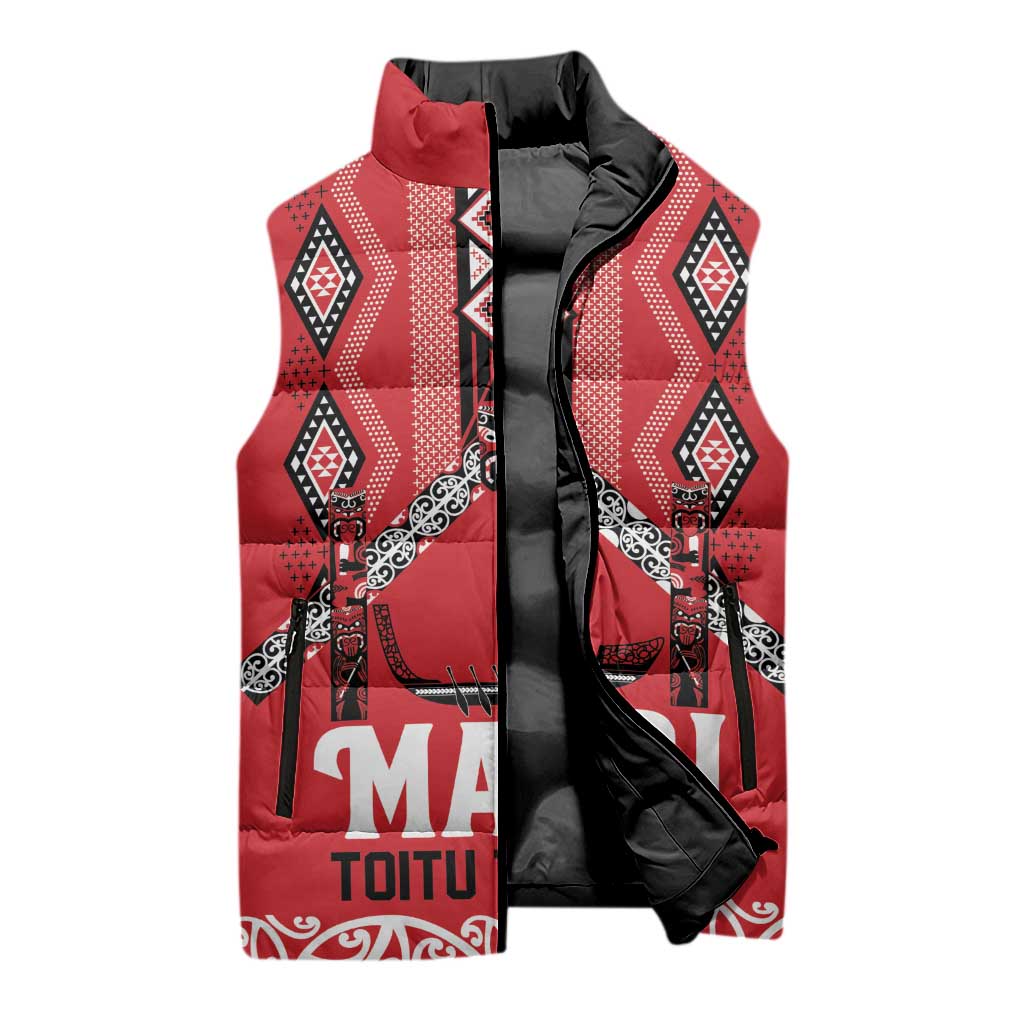 Toitu Te Tiriti Waitangi Sleeveless Puffer Jacket Red Wharenui House LT9 - Polynesian Pride