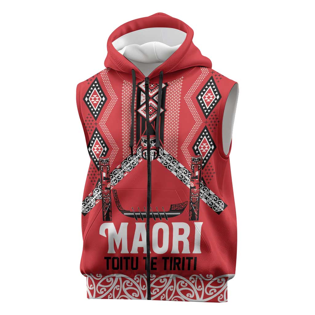 Toitu Te Tiriti Waitangi Sleeveless Zip Hoodie Red Wharenui House LT9 Red - Polynesian Pride