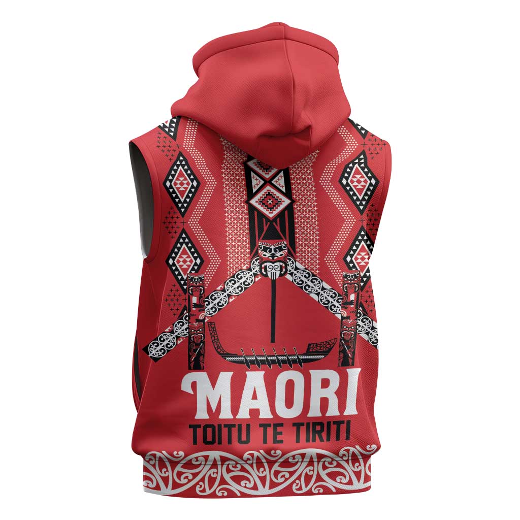 Toitu Te Tiriti Waitangi Sleeveless Zip Hoodie Red Wharenui House LT9 - Polynesian Pride