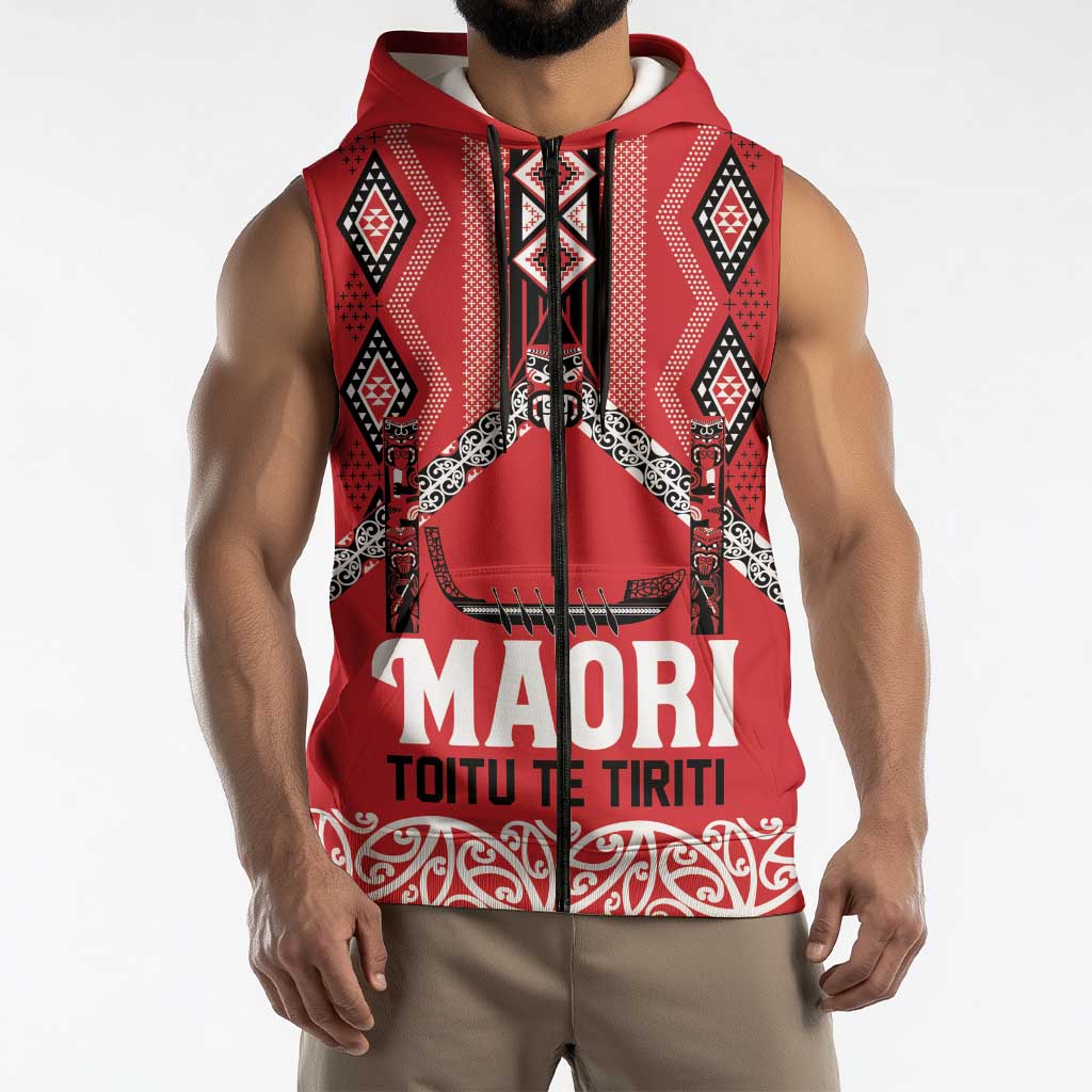 Toitu Te Tiriti Waitangi Sleeveless Zip Hoodie Red Wharenui House LT9 - Polynesian Pride