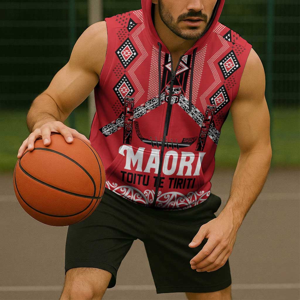 Toitu Te Tiriti Waitangi Sleeveless Zip Hoodie Red Wharenui House LT9 - Polynesian Pride