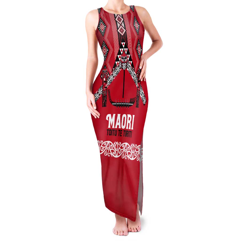 Toitu Te Tiriti Waitangi Tank Maxi Dress Red Wharenui House LT9 Women Red - Polynesian Pride