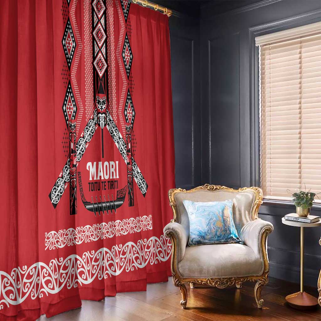 Toitu Te Tiriti Waitangi Window Curtain Red Wharenui House - Polynesian Pride
