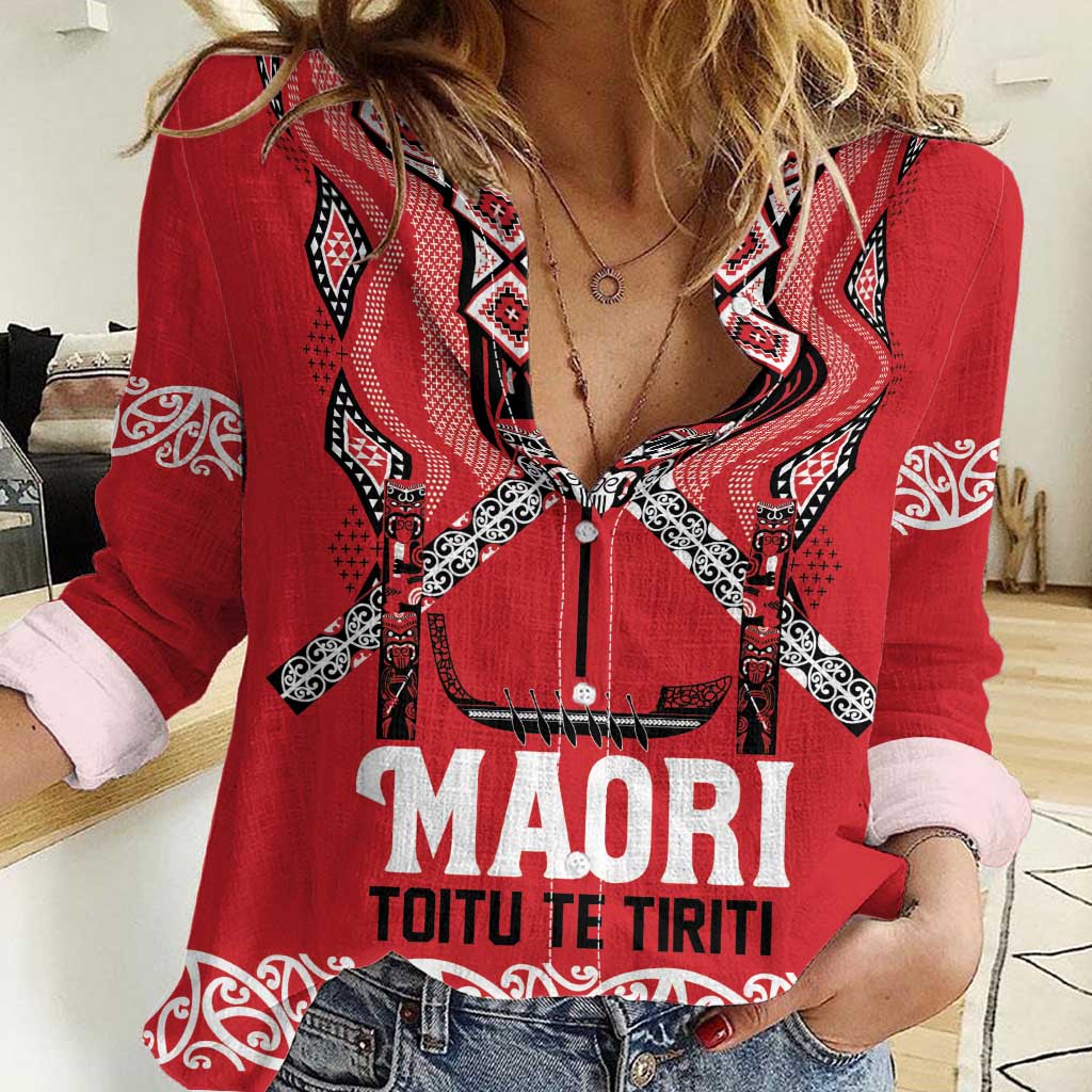 Toitu Te Tiriti Waitangi Women Casual Shirt Red Wharenui House LT9 Female Red - Polynesian Pride
