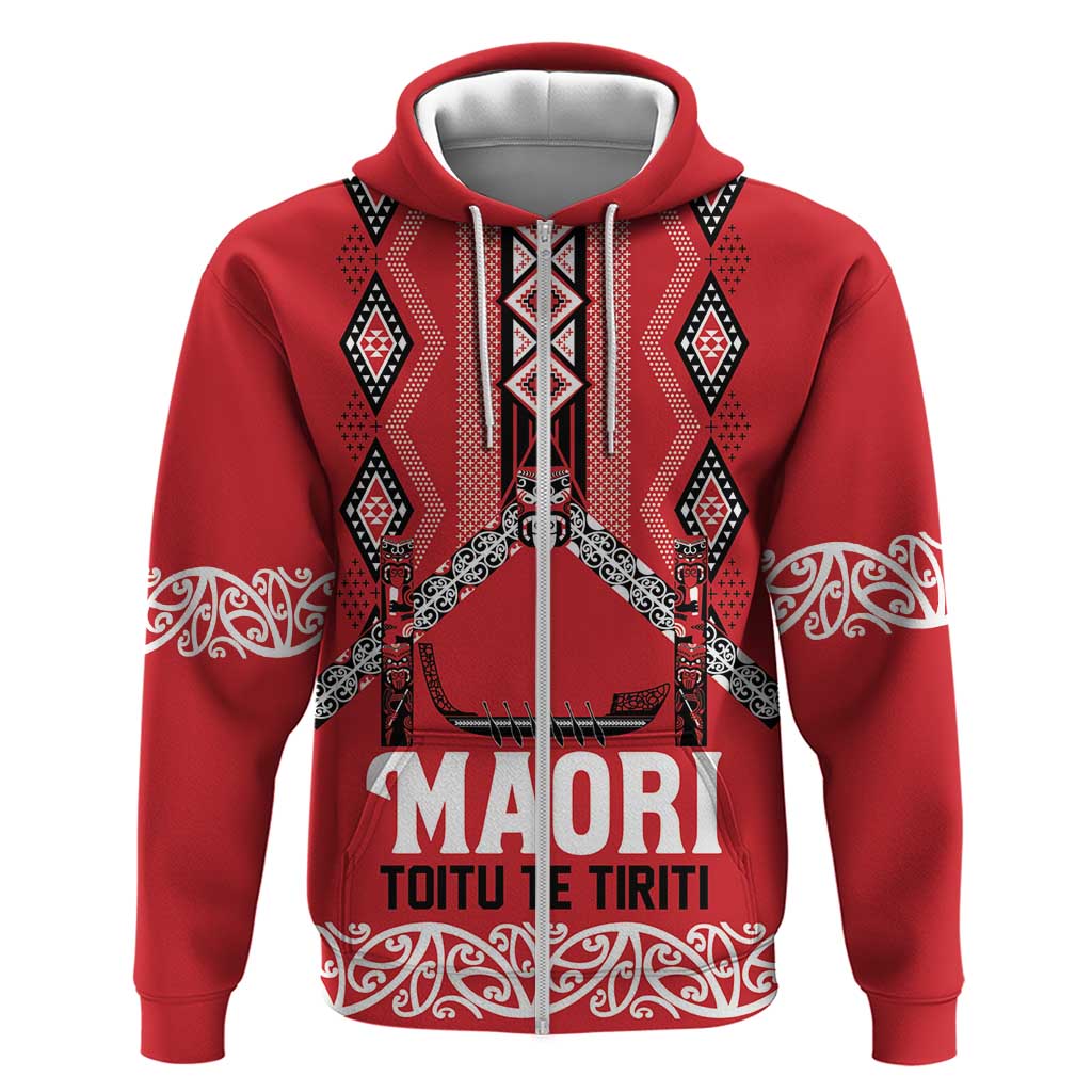 Toitu Te Tiriti Waitangi Zip Hoodie Red Wharenui House LT9 Zip Hoodie Red - Polynesian Pride