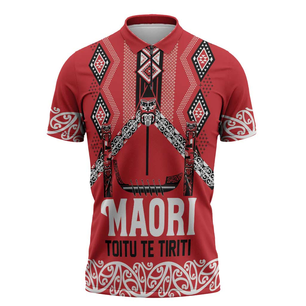 Toitu Te Tiriti Waitangi Zipper Polo Shirt Red Wharenui House LT9 Red - Polynesian Pride