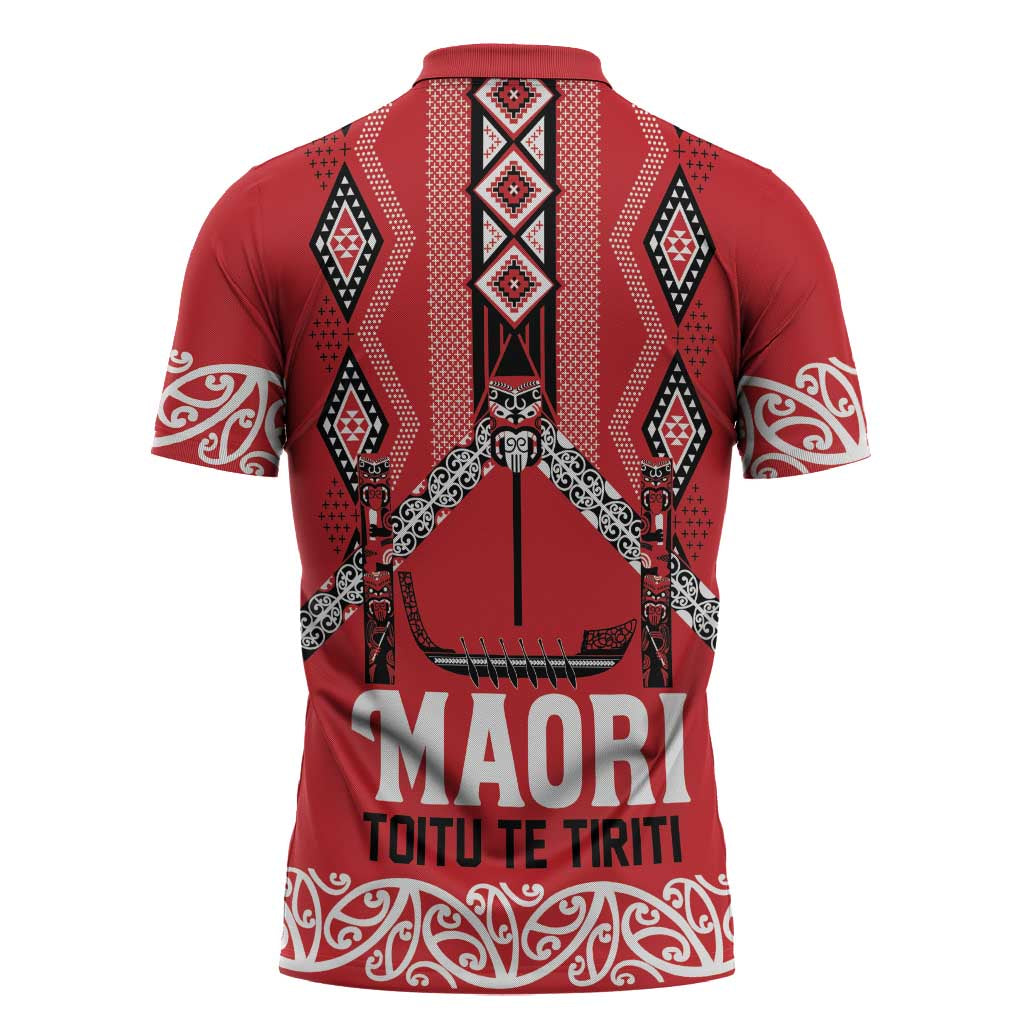Toitu Te Tiriti Waitangi Zipper Polo Shirt Red Wharenui House LT9 - Polynesian Pride