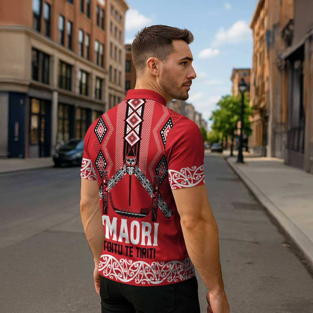 Toitu Te Tiriti Waitangi Zipper Polo Shirt Red Wharenui House LT9 - Polynesian Pride
