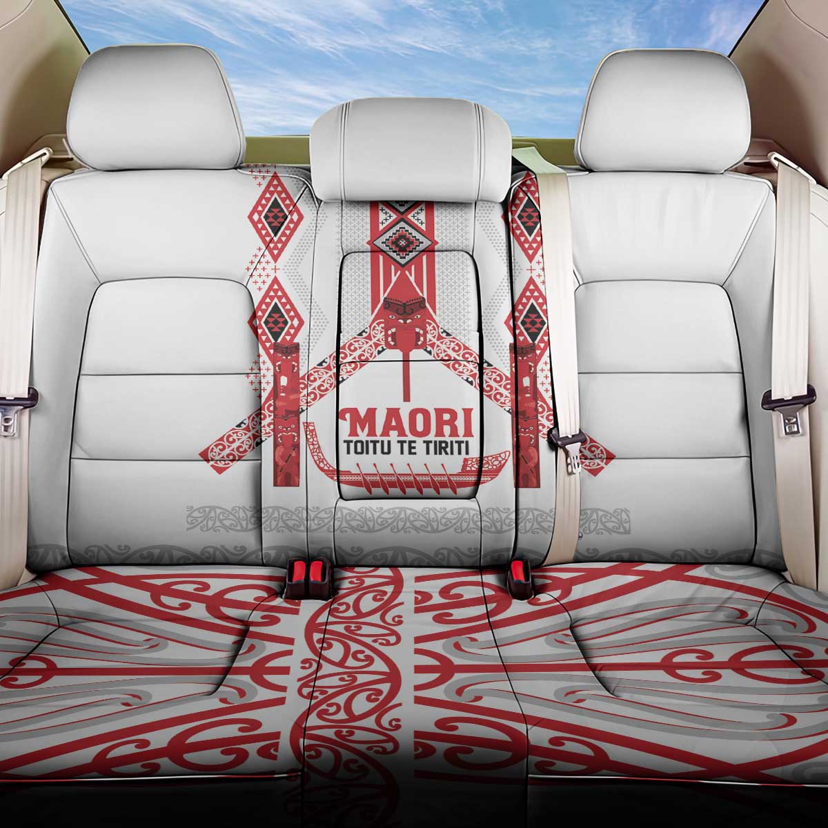 Toitu Te Tiriti Waitangi Back Car Seat Cover White Wharenui House LT9 One Size white - Polynesian Pride