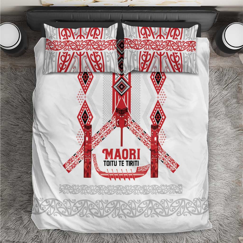 Toitu Te Tiriti Waitangi Bedding Set White Wharenui House LT9 white - Polynesian Pride