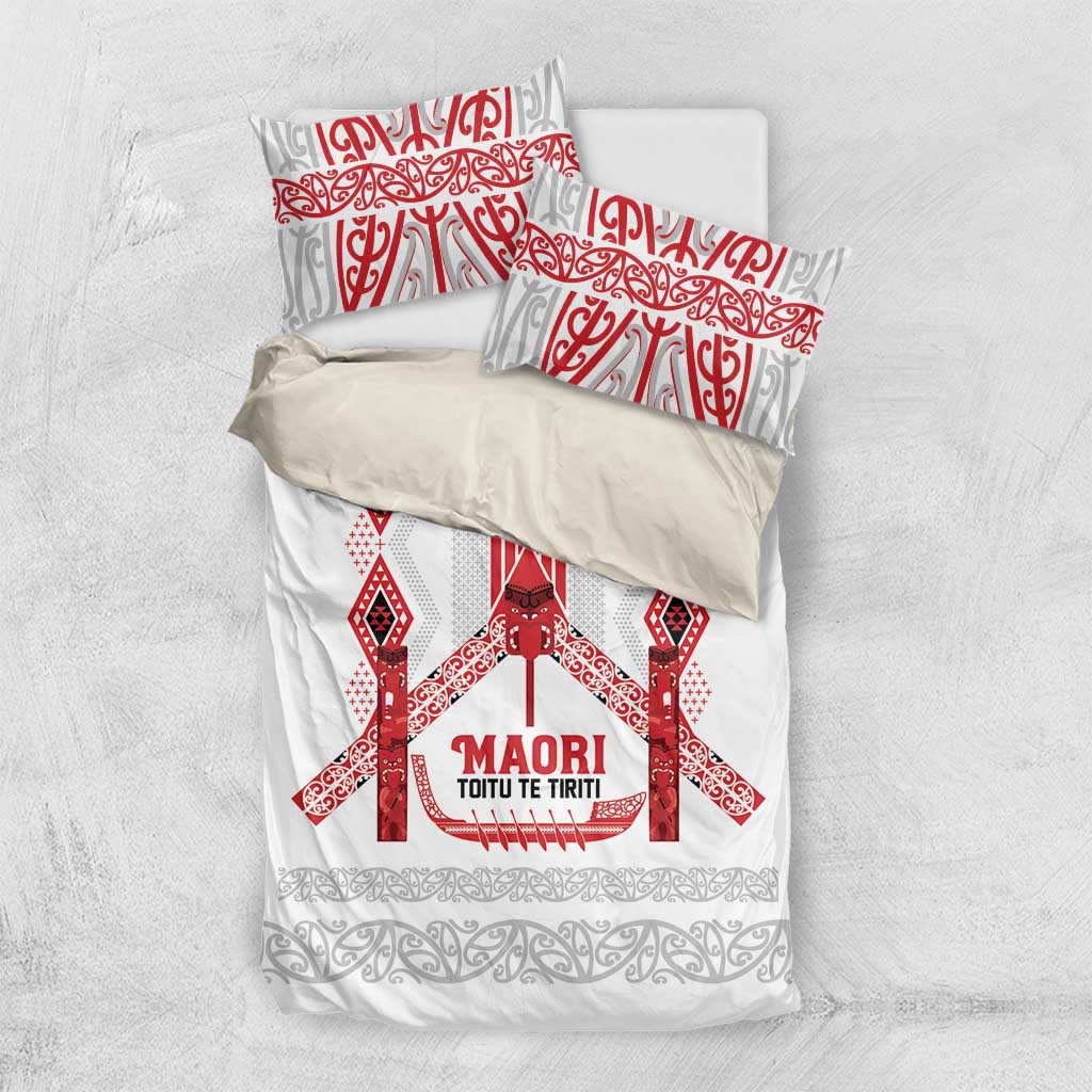 Toitu Te Tiriti Waitangi Bedding Set White Wharenui House LT9 US Twin 172cm x 218cm white - Polynesian Pride