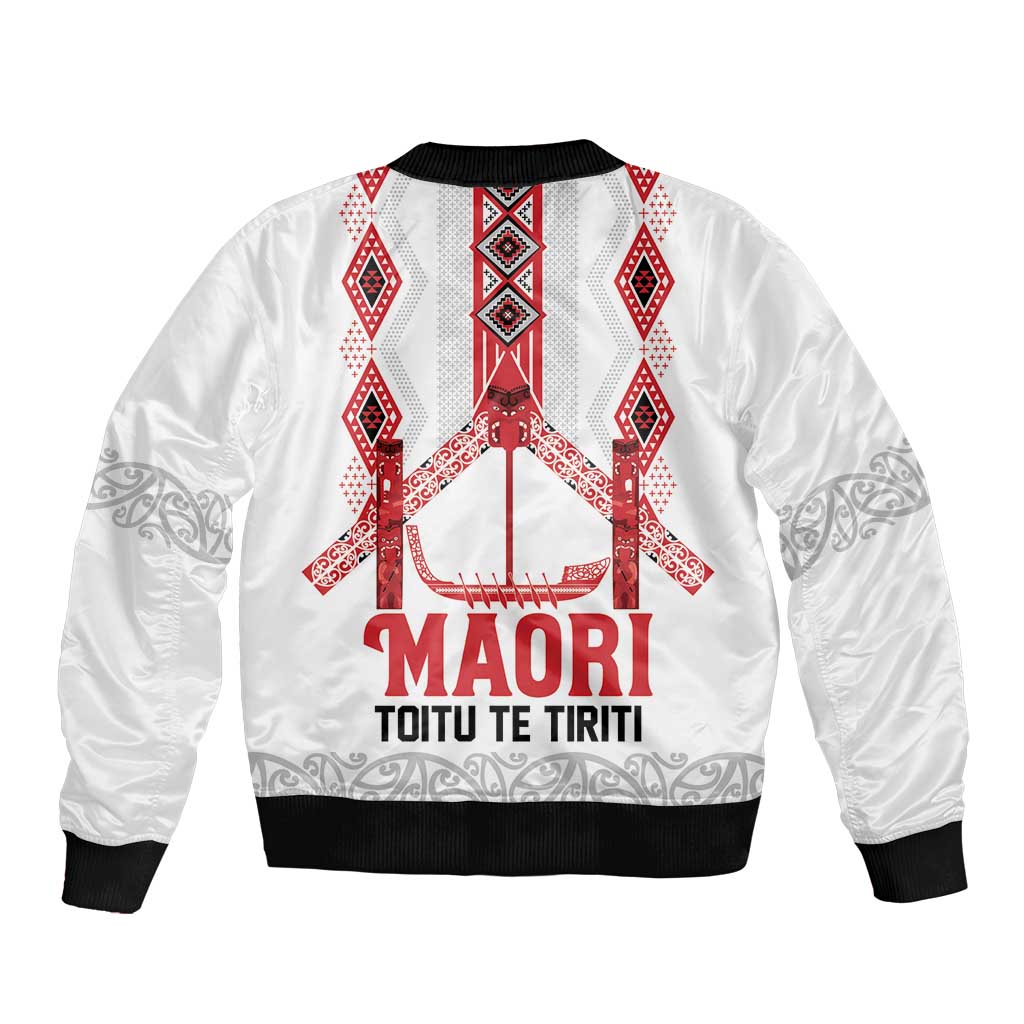 Toitu Te Tiriti Waitangi Bomber Jacket White Wharenui House - Polynesian Pride