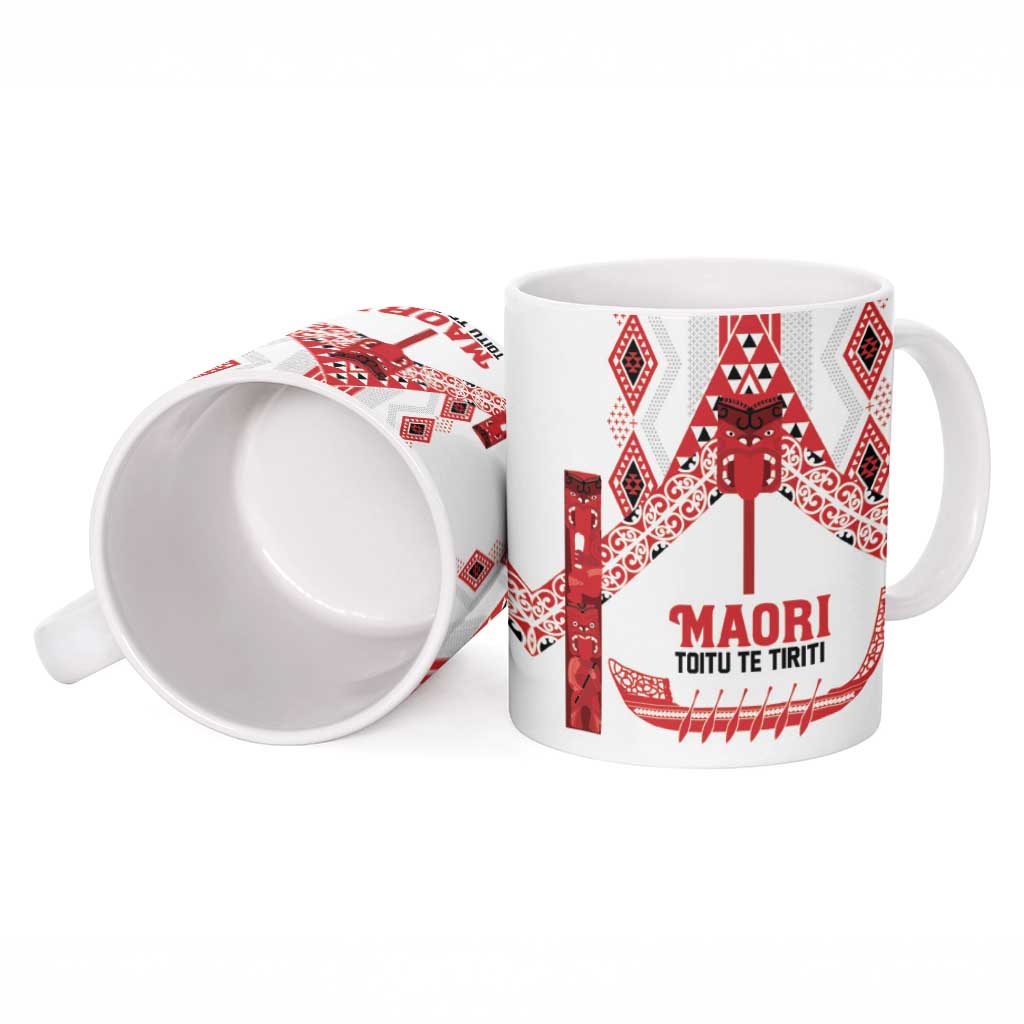 Toitu Te Tiriti Waitangi Ceramic Mug White Wharenui House LT9 - Polynesian Pride