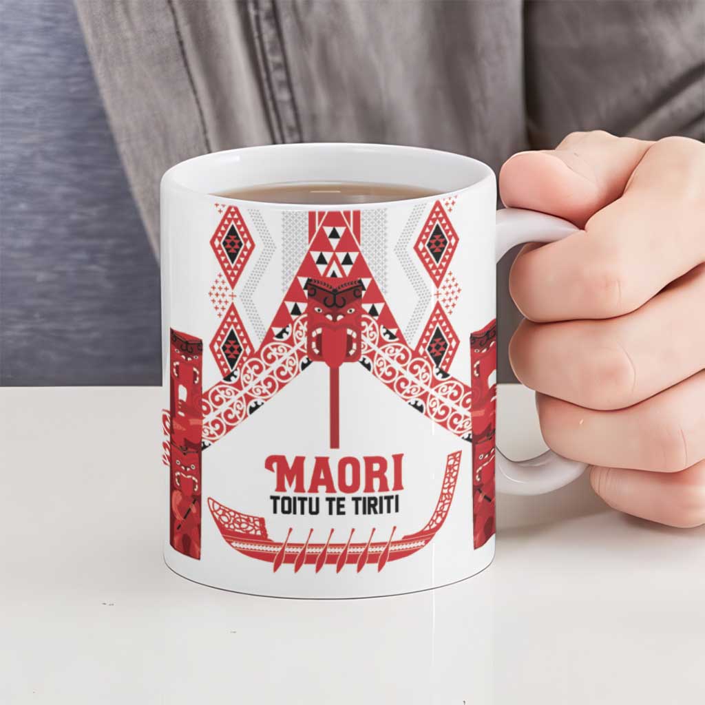 Toitu Te Tiriti Waitangi Ceramic Mug White Wharenui House LT9 - Polynesian Pride