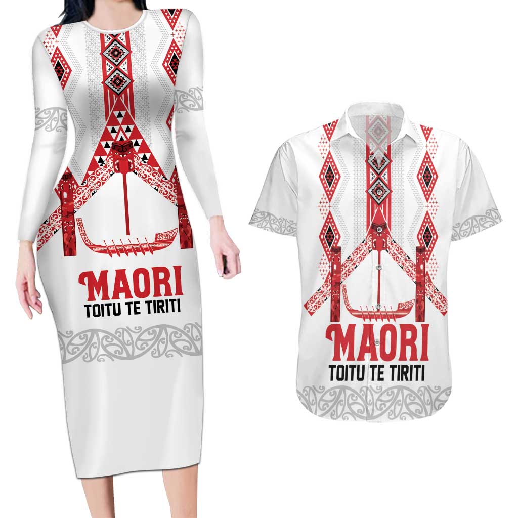 Toitu Te Tiriti Waitangi Couples Matching Long Sleeve Bodycon Dress and Hawaiian Shirt White Wharenui House LT9 white - Polynesian Pride