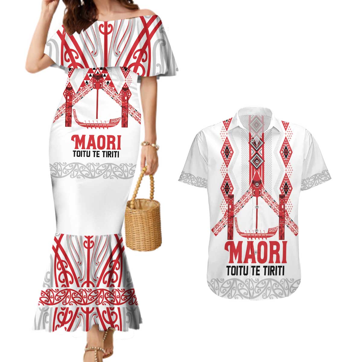 Toitu Te Tiriti Waitangi Couples Matching Mermaid Dress and Hawaiian Shirt White Wharenui House LT9 white - Polynesian Pride