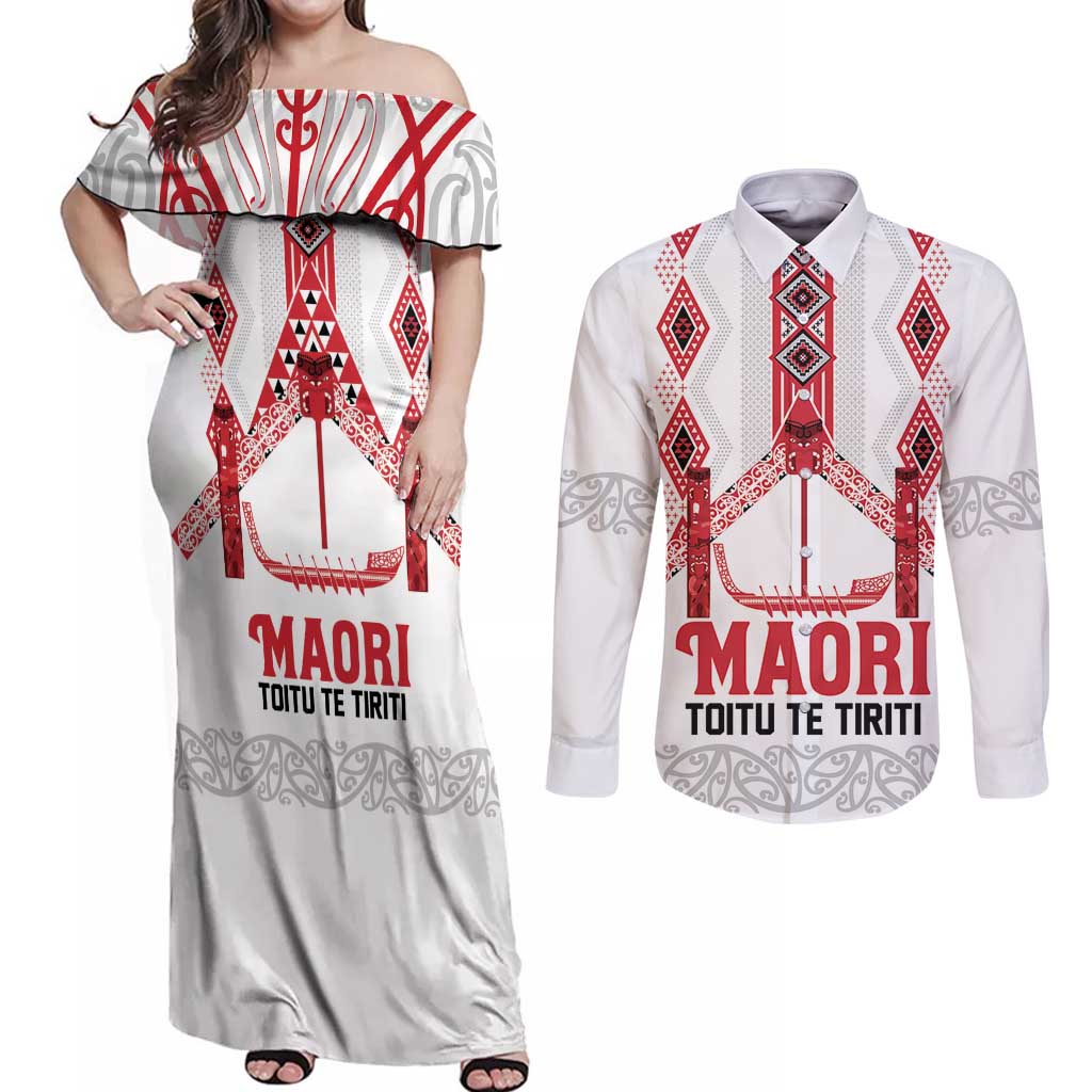 Toitu Te Tiriti Waitangi Couples Matching Off Shoulder Maxi Dress and Long Sleeve Button Shirt White Wharenui House LT9 white - Polynesian Pride