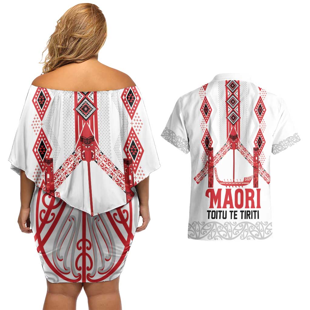 Toitu Te Tiriti Waitangi Couples Matching Off Shoulder Short Dress and Hawaiian Shirt White Wharenui House - Polynesian Pride