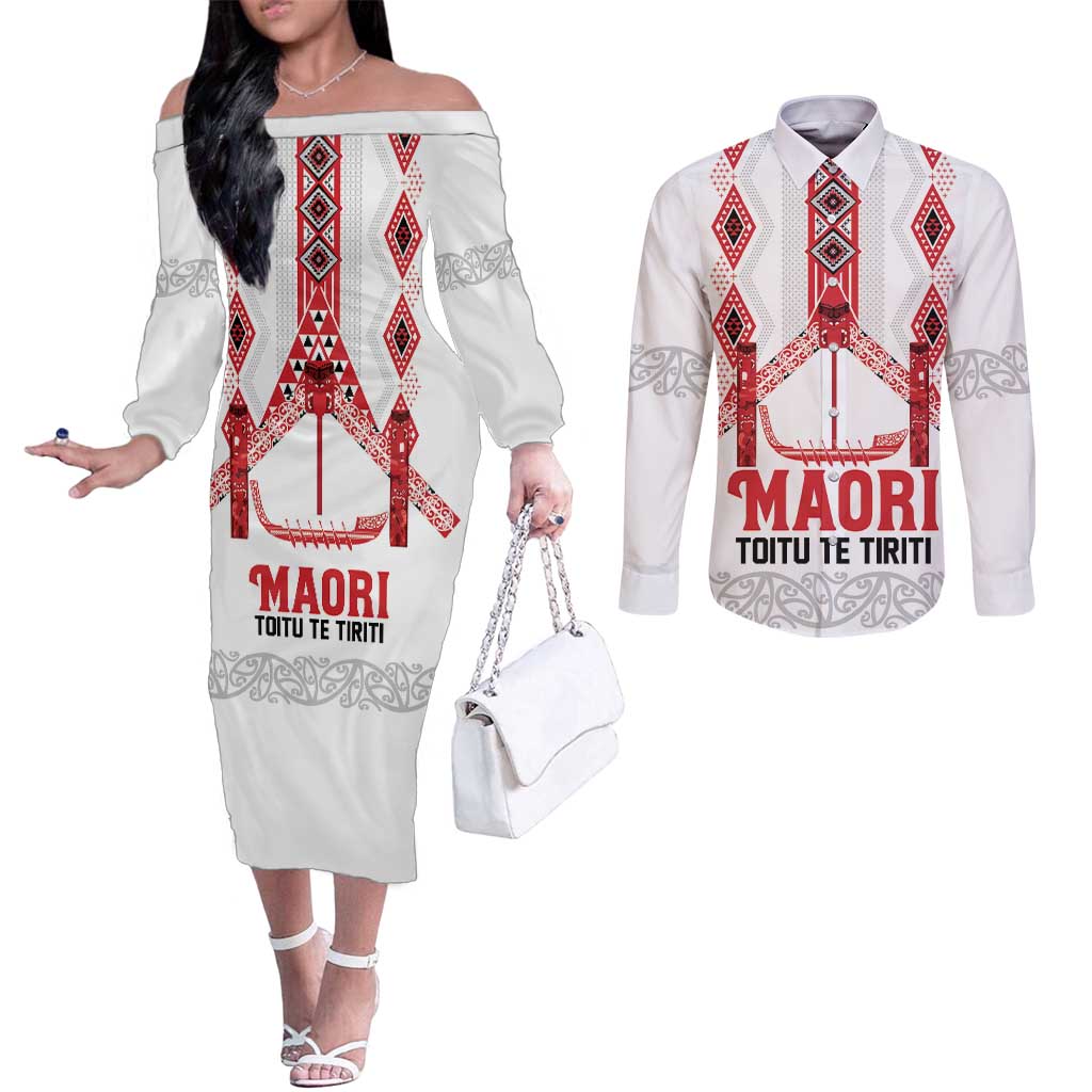 Toitu Te Tiriti Waitangi Couples Matching Off The Shoulder Long Sleeve Dress and Long Sleeve Button Shirt White Wharenui House LT9 white - Polynesian Pride