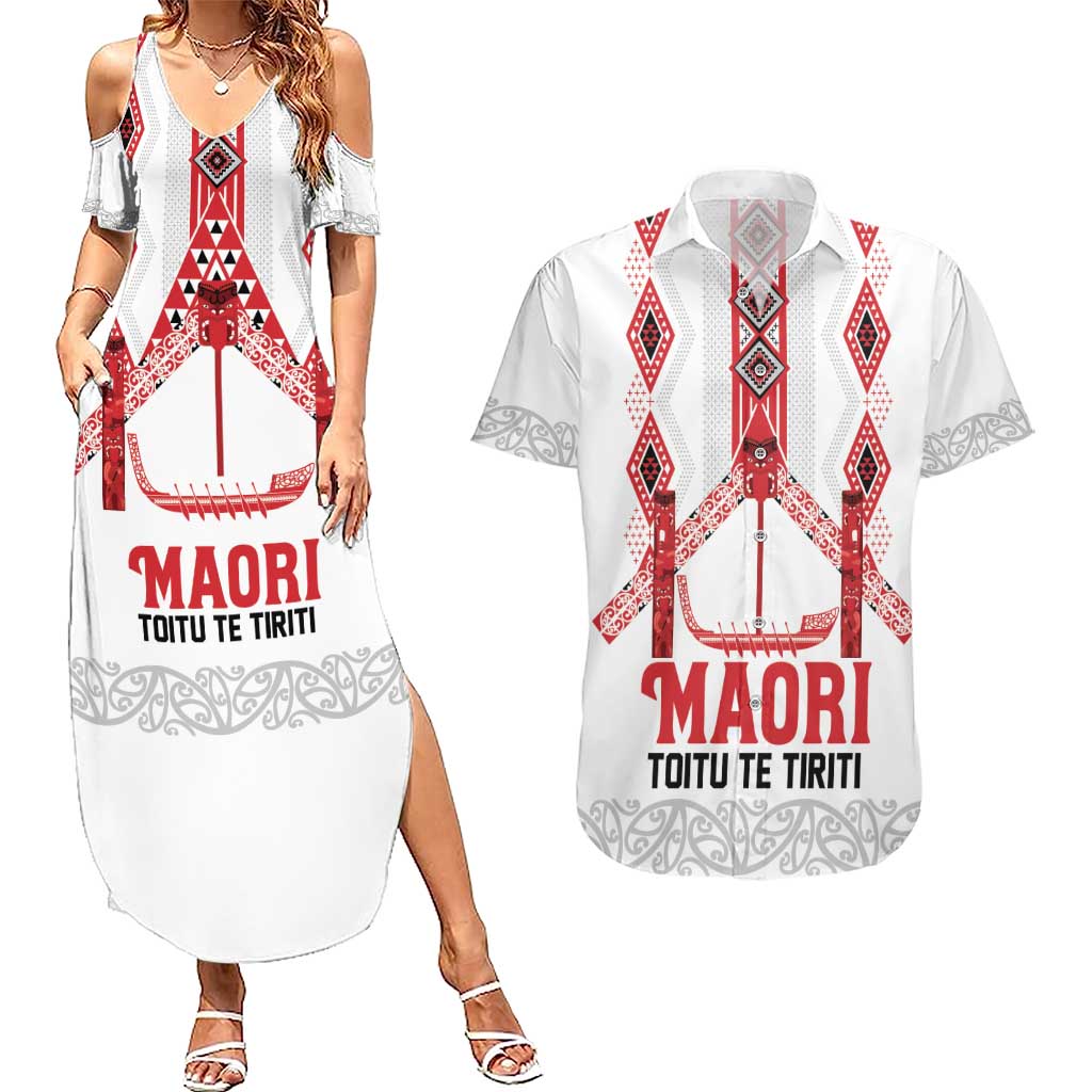 Toitu Te Tiriti Waitangi Couples Matching Summer Maxi Dress and Hawaiian Shirt White Wharenui House LT9 white - Polynesian Pride