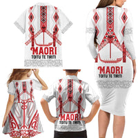 Toitu Te Tiriti Waitangi Family Matching Long Sleeve Bodycon Dress and Hawaiian Shirt White Wharenui House - Polynesian Pride