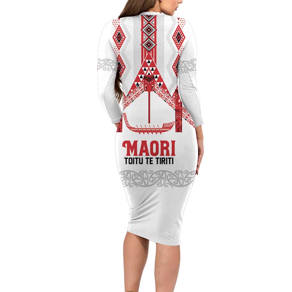 Toitu Te Tiriti Waitangi Family Matching Long Sleeve Bodycon Dress and Hawaiian Shirt White Wharenui House - Polynesian Pride