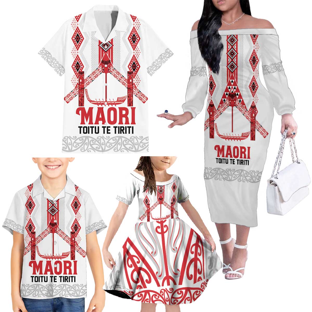 Toitu Te Tiriti Waitangi Family Matching Off The Shoulder Long Sleeve Dress and Hawaiian Shirt White Wharenui House LT9 - Polynesian Pride